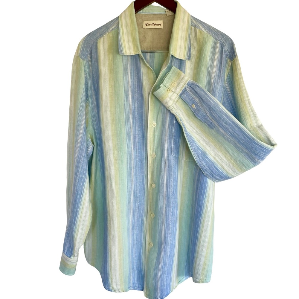 Caribbean Mens‎ XL Linen Cotton Striped Button Down Shirt Blue Green Long Sleeve